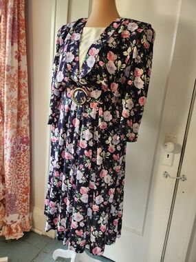 Vtg REO Originals Union-Made 80s Floral Belted Dress